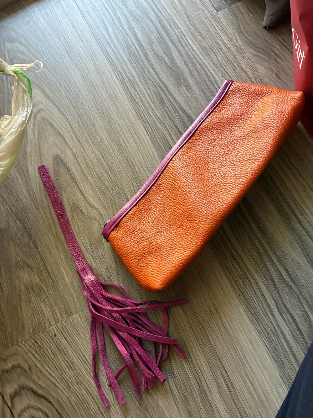 Source Unknown Orange Leather Wristlet with Purple Trim
